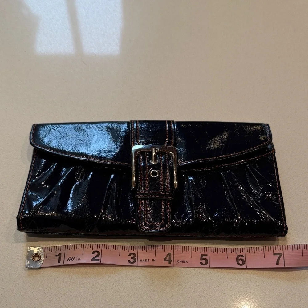L. Erickson Trifold Envelope Style Patent Leather Black Clutch with Buckle